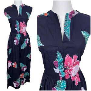 Vintage Java Wraps Hibiscus Floral Batik Maxi Dress Womens S Navy Blue Tropical